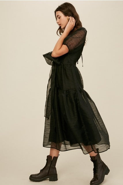 Bow Front Tiered Midi Dress with Open Back - Listicle - RARA Boutique 