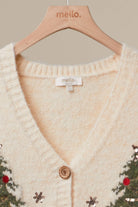 Mello Christmas Tree embroidered soft cardigan with festive holiday design, cozy knit sweater for winter celebrations