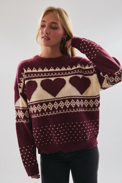 Heart Fair Isle Long Sleeve Holiday Sweater - Le Lis - RARA Boutique 