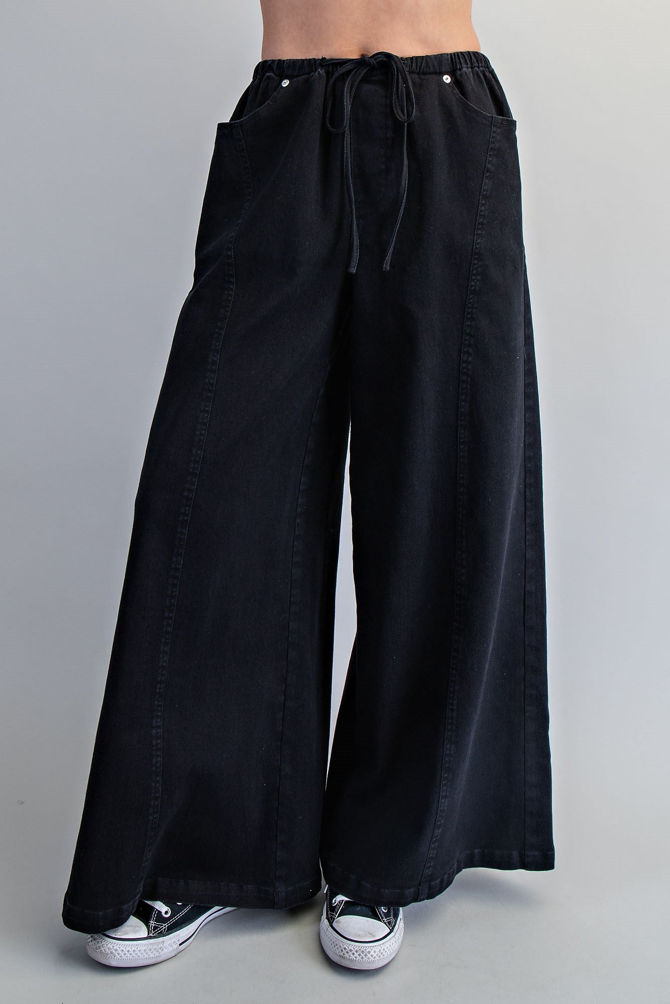 RARA Boutique wide leg slouchy denim pants with drawstring waist, relaxed fit and casual style, front view.