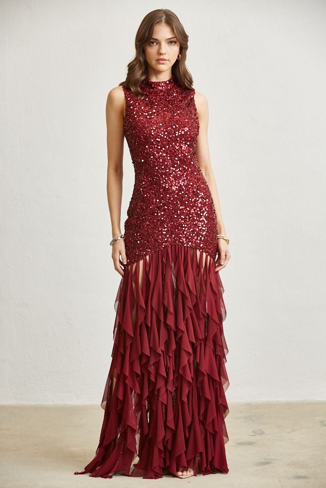 Sequin Ruffle Hem Floor-Length Gown - Blithe - RARA Boutique 