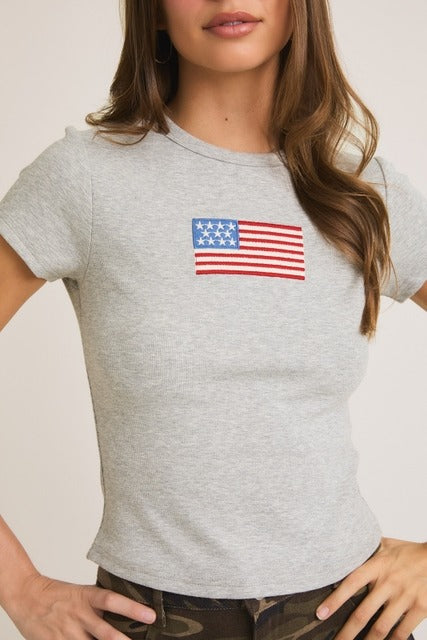 Rara Boutique embroidered American flag ribbed baby tee, soft cotton T-shirt with patriotic flag design for infants