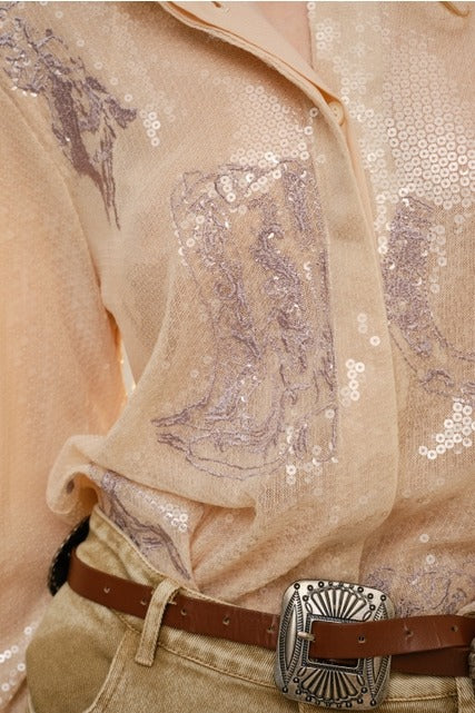 Western Embroidered Sequin Button Down Shirt - Blue B - RARA Boutique 