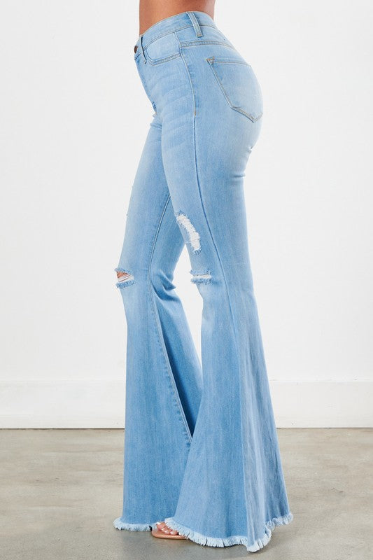 Distressed Frayed Hem Ultra Flare Bell Bottom Jeans