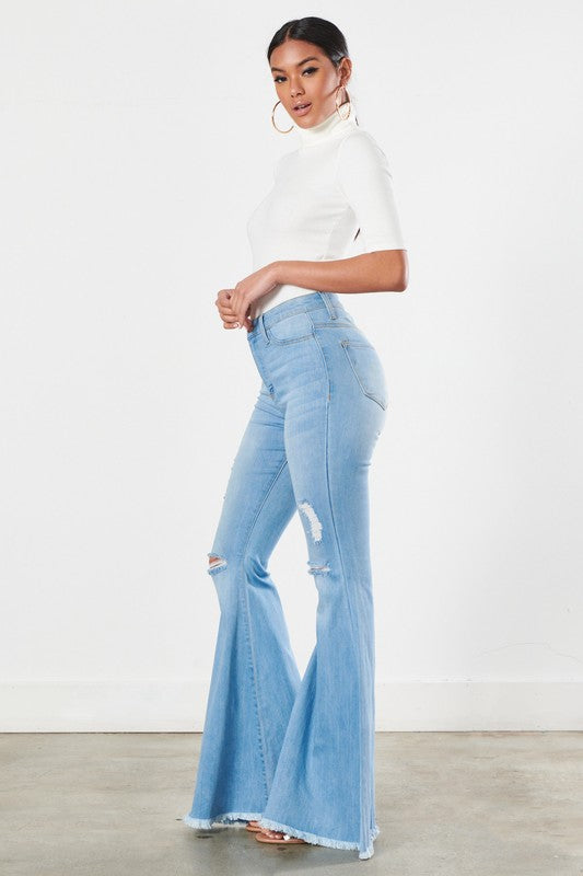 Distressed Frayed Hem Ultra Flare Bell Bottom Jeans - Vibrant M.i.U - RARA Boutique 