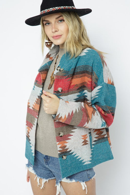 Soft Comfy Lightweight Aztec Pattern Jacket - Blue B - RARA Boutique 