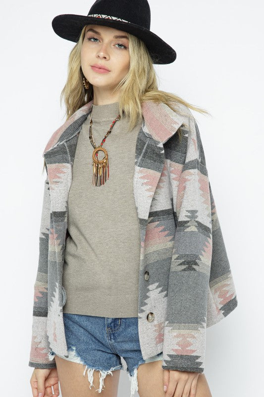 Soft Comfy Lightweight Aztec Pattern Jacket - Blue B - RARA Boutique 