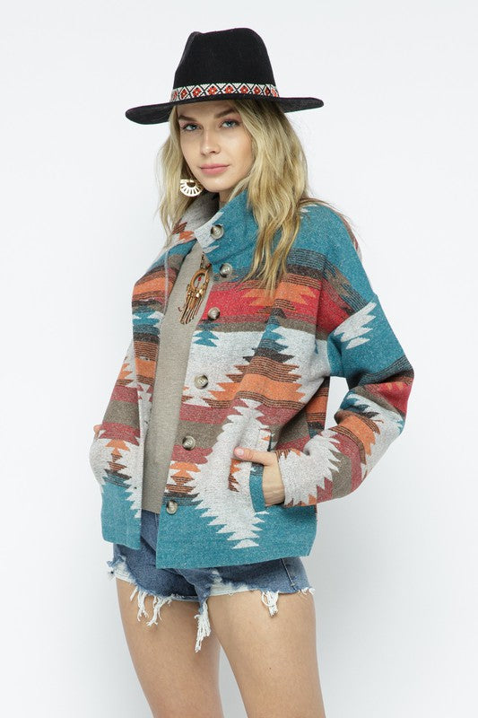 Soft Comfy Lightweight Aztec Pattern Jacket - Blue B - RARA Boutique 