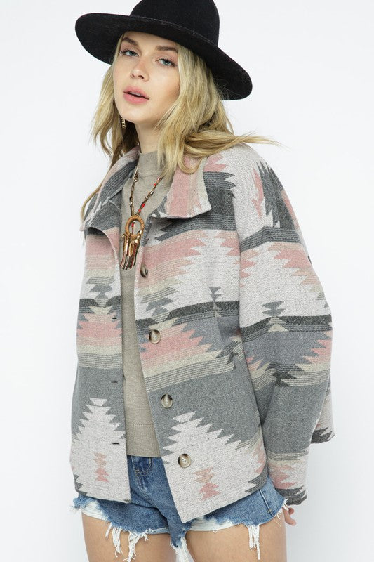 Soft Comfy Lightweight Aztec Pattern Jacket - Blue B - RARA Boutique 