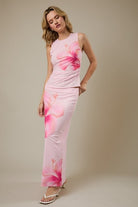 Tropical Hibiscus Floral Mesh Midi Skirt by RARA Boutique, showcasing vibrant floral pattern and flowy mesh fabric.