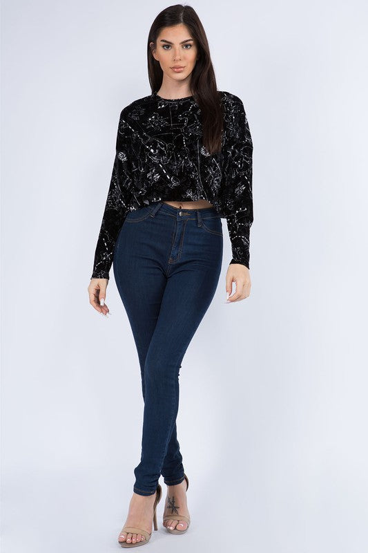 Long Sleeve Astrology Print Raw Hem Velvet Crop Top - RARA Boutique 