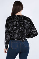 Long Sleeve Astrology Print Raw Hem Velvet Crop Top - RARA Boutique 