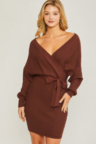 Off Shoulder Belted Wrap Ribbed Knit Dress - RARA Boutique 