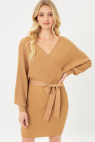 Off Shoulder Belted Wrap Ribbed Knit Dress - RARA Boutique 