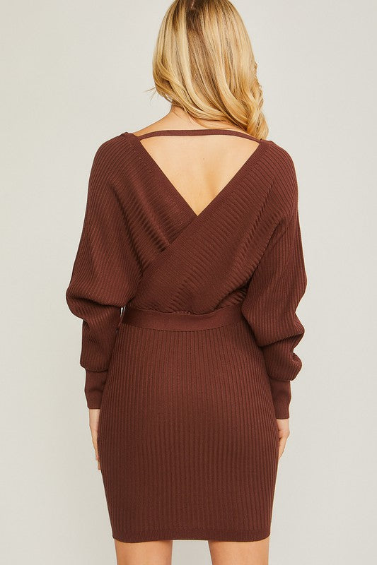 Off Shoulder Belted Wrap Ribbed Knit Dress - RARA Boutique 