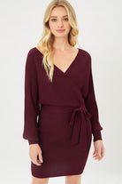 Off Shoulder Belted Wrap Ribbed Knit Dress - RARA Boutique 