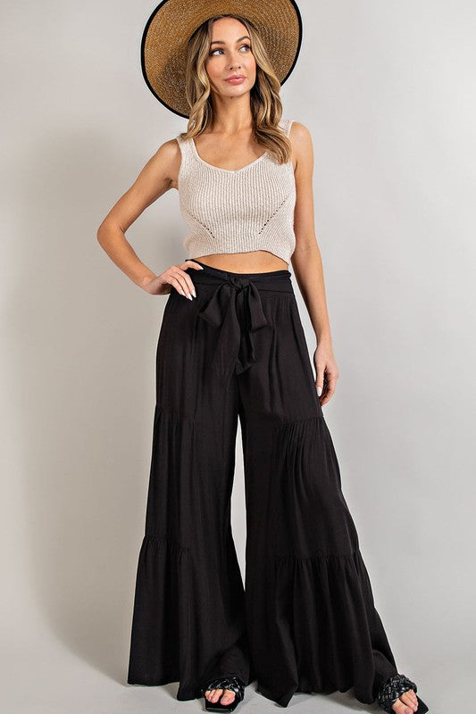 Tiered Wide Leg Pants with Waist Tie - eesome - Rara Boutique 