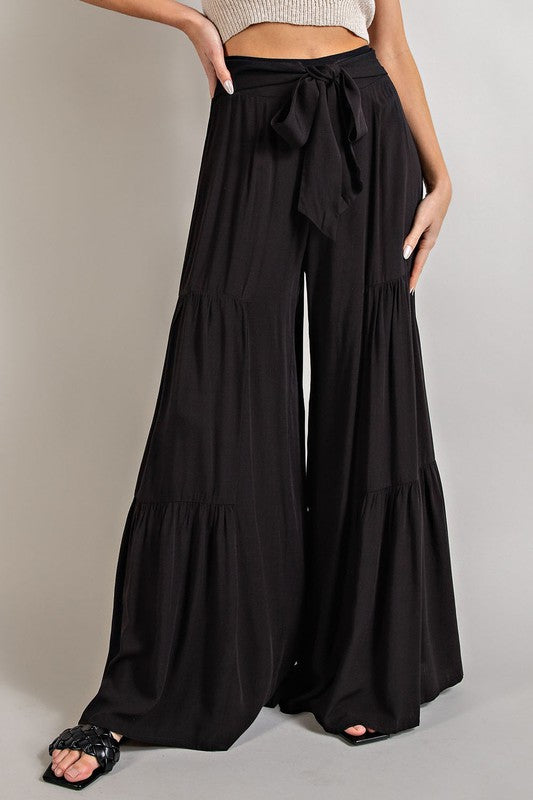 Tiered Wide Leg Pants with Waist Tie - eesome - Rara Boutique 