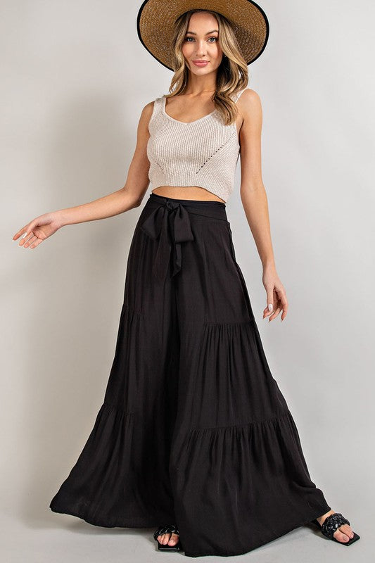 Tiered Wide Leg Pants with Waist Tie - eesome - Rara Boutique 