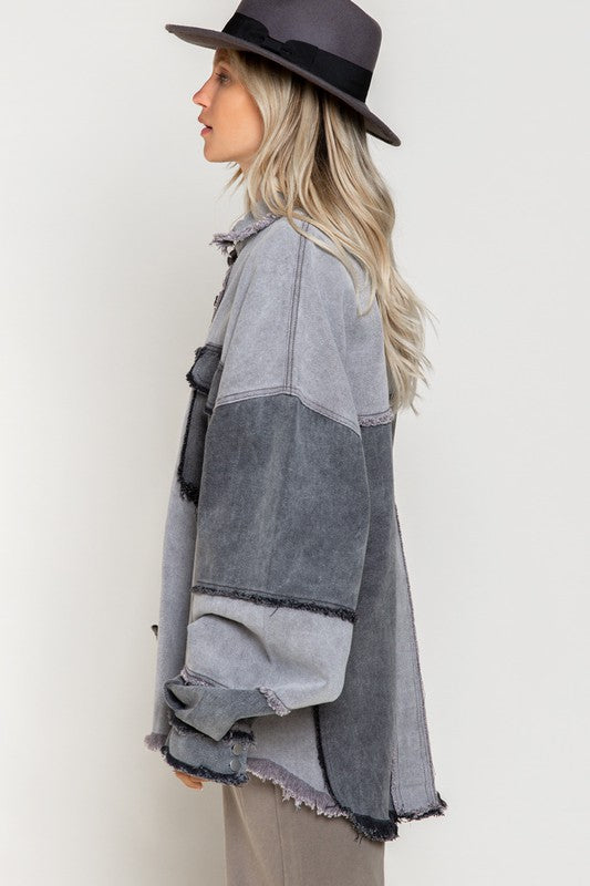 Frayed Edge Color Block Denim Shacket - POL - RARA Boutique 