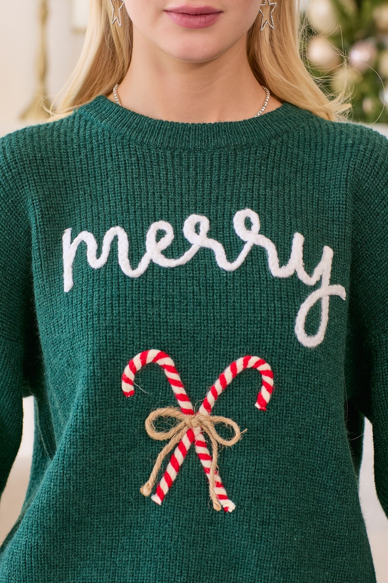 Merry Christmas Sweater With 3D Candy Cane Embroidery - Main Strip - RARA Boutique 