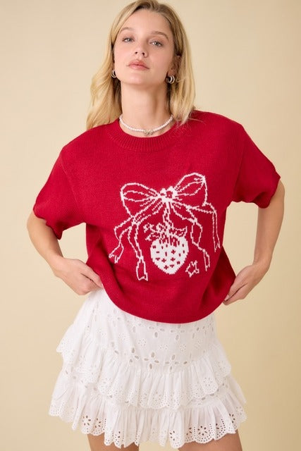 Strawberry Bow Boxy Sweater Knit Short Sleeve Top - Main Strip - RARA Boutique 