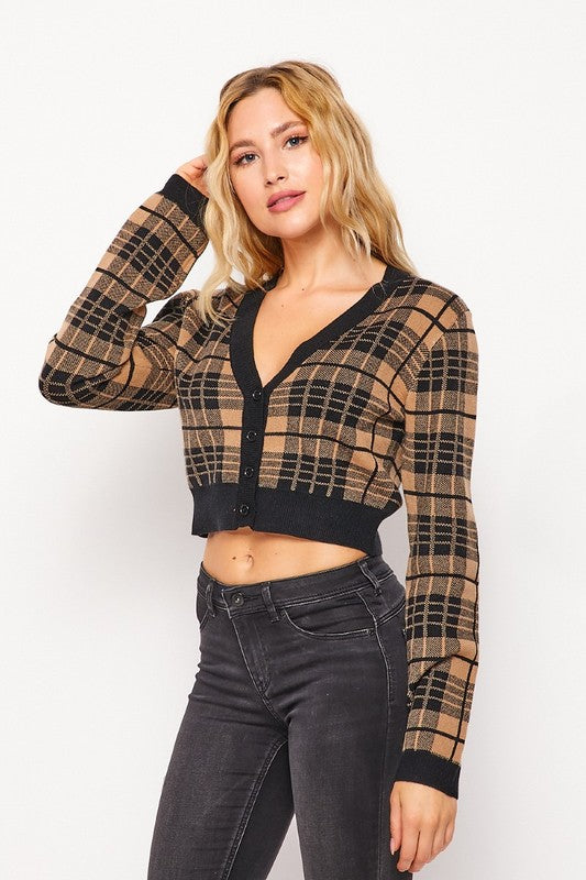 Solid Plaid Snug Waist Casual Cropped Cardigan - RARA Boutique 