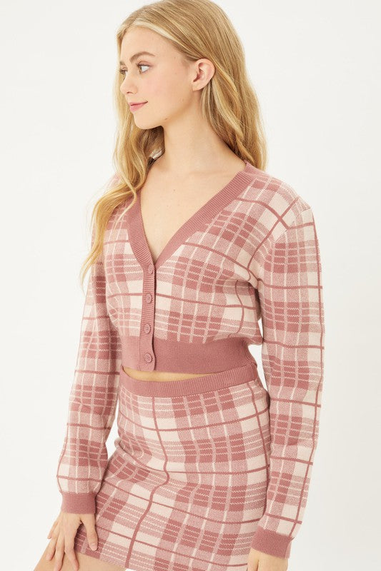 Solid Plaid Snug Waist Casual Cropped Cardigan - RARA Boutique 