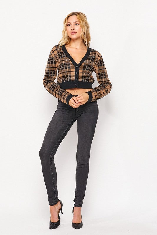 Solid Plaid Snug Waist Casual Cropped Cardigan - RARA Boutique 