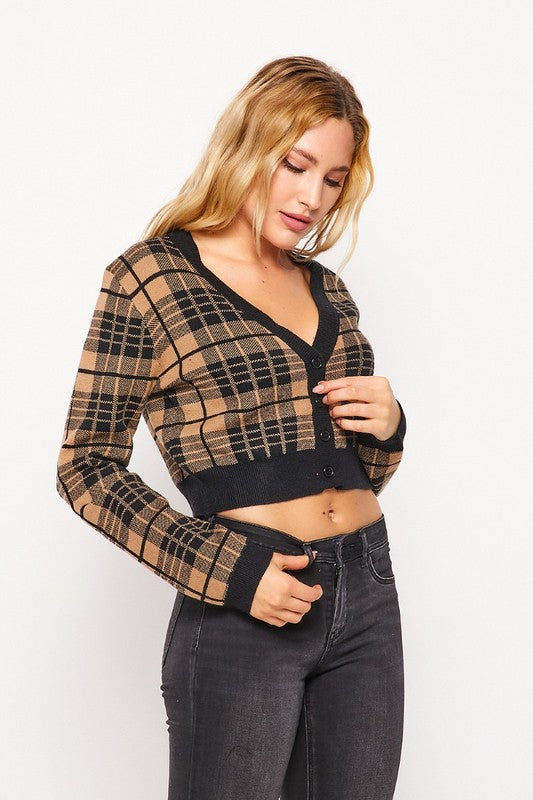 Solid Plaid Snug Waist Casual Cropped Cardigan - RARA Boutique 