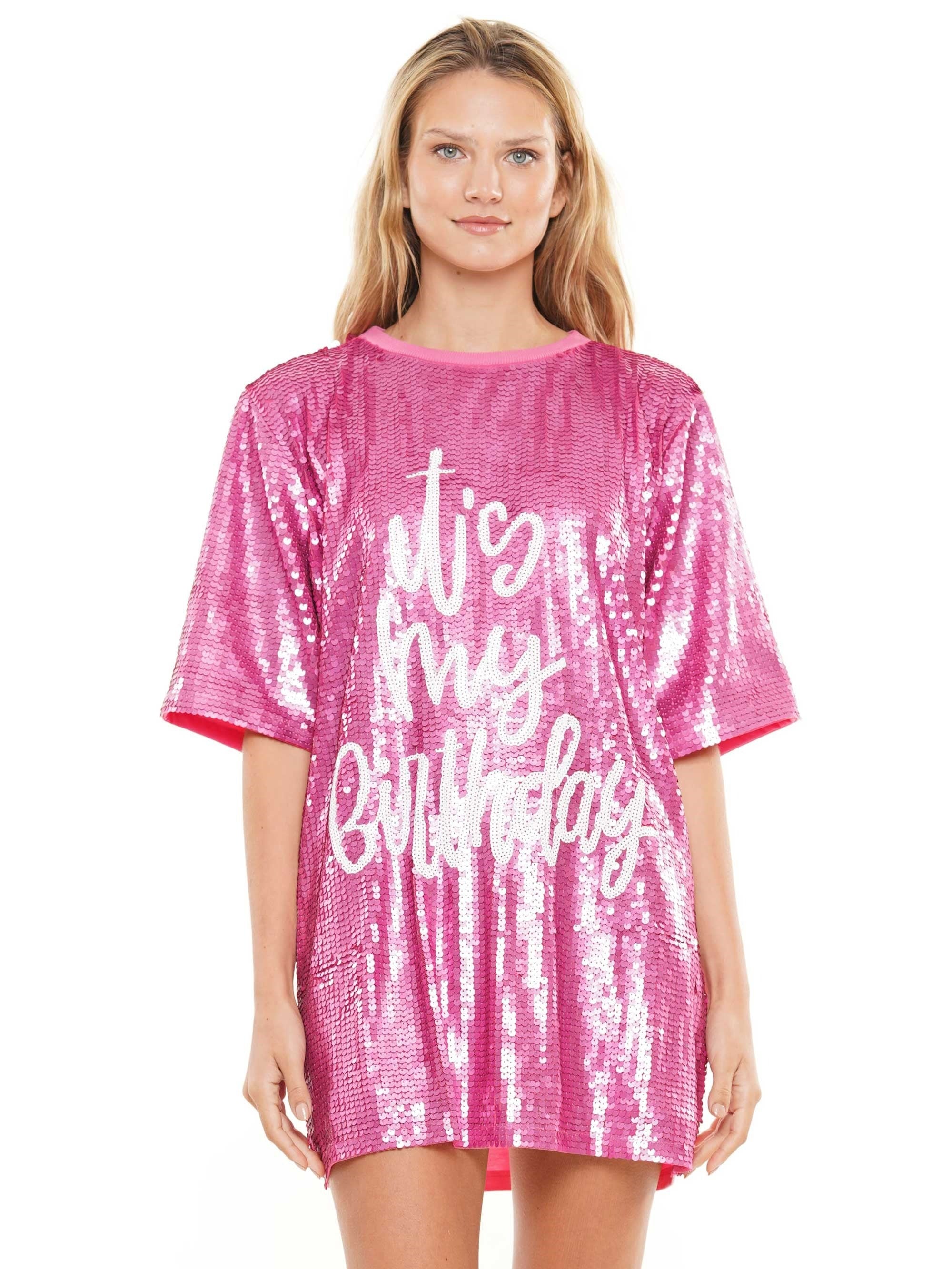 RARA Boutique It's My Birthday sequin T-shirt party dress with colorful sequins and short sleeves, perfect for celebrations.