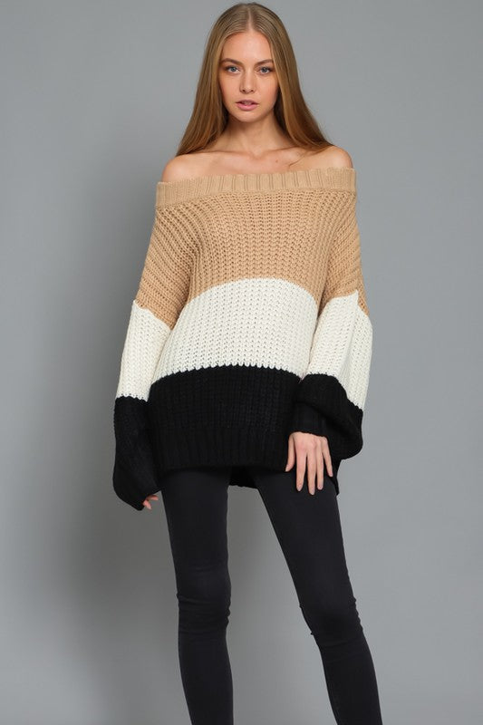 Off the Shoulder Color Block Sweater - RARA Boutique 
