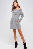 Two-Tone Off the Shoulder Knit Fold Over Sweater Dress with Pockets - RARA Boutique 