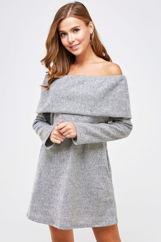 Two-Tone Off the Shoulder Knit Fold Over Sweater Dress with Pockets - RARA Boutique 