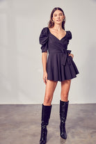 Wrap Front Side Tie Romper with Puff Sleeves - Do + Be - Rara Boutique 