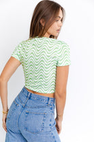 Short Sleeve Front Criss Cross Print Knit Top - RARA Boutique 