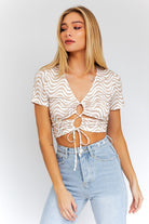 Short Sleeve Front Criss Cross Print Knit Top - RARA Boutique 