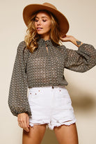 Long Sleeve Chiffon Smocked Printed Top - Rara Boutique 