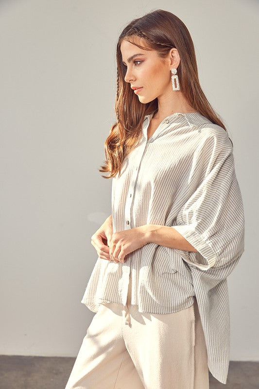 Striped Button up Shirt with Dolman Sleeves - RARA Boutique 