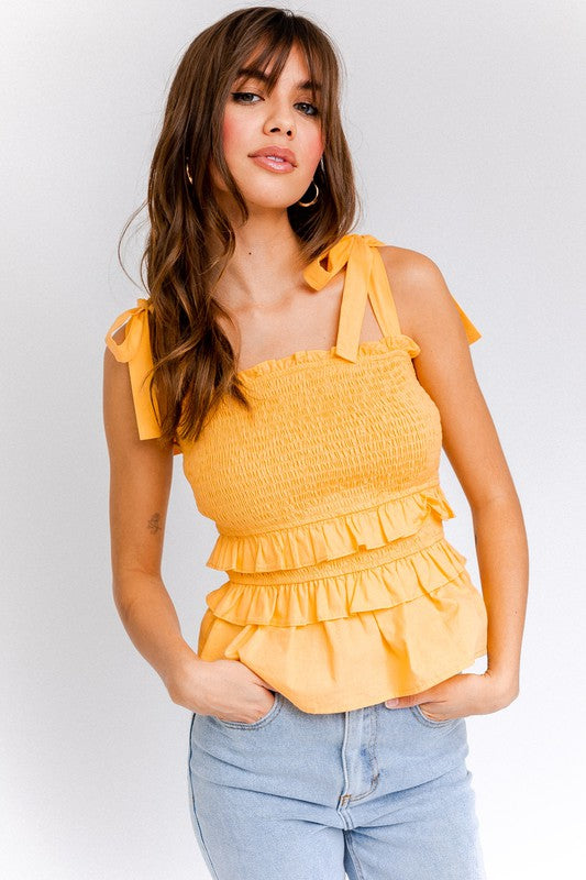 Sleeveless Smocked Shoulder Tie Top with Tiered Ruffle - RARA Boutique 