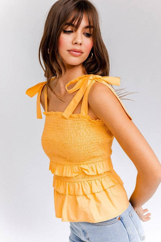 Sleeveless Smocked Shoulder Tie Top with Tiered Ruffle - RARA Boutique 