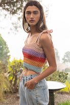 Rainbow Tie-shoulder Sweater Crop Tank Top - POL - RARA Boutique 