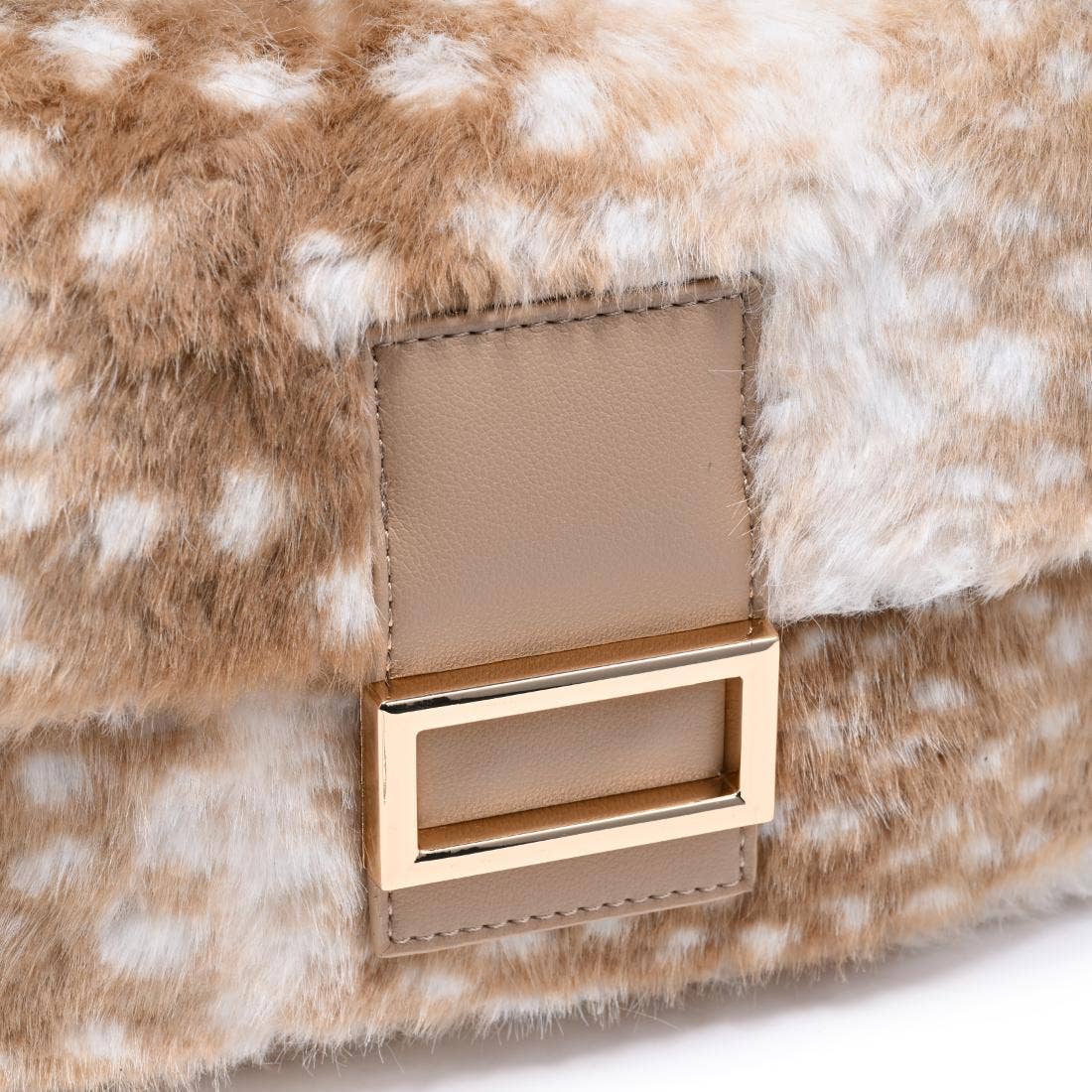 Urban Expressions Tuesday Beverly deer print fur crossbody bag with adjustable strap and zippered closure.