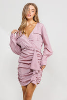 Tencel Deep V Neck Ruched Dress with Ruffle - RARA Boutique 