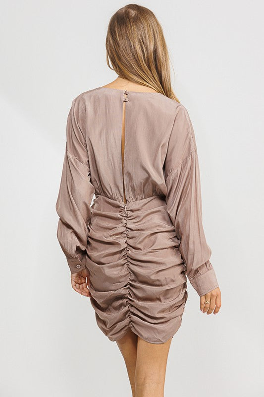 Tencel Deep V Neck Ruched Dress with Ruffle - RARA Boutique 