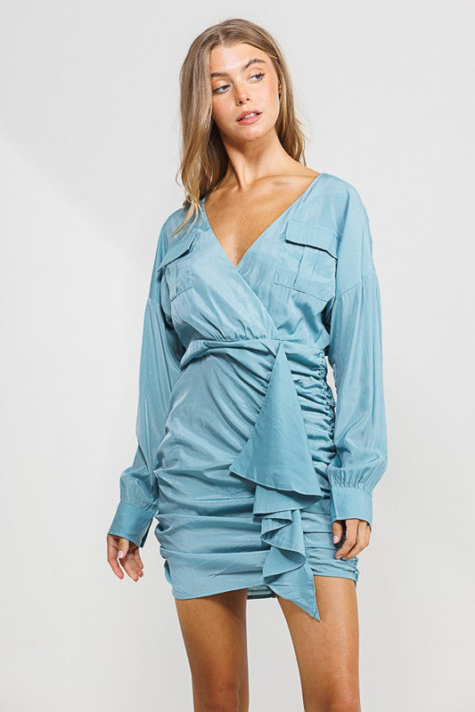 Tencel Deep V Neck Ruched Dress with Ruffle - RARA Boutique 