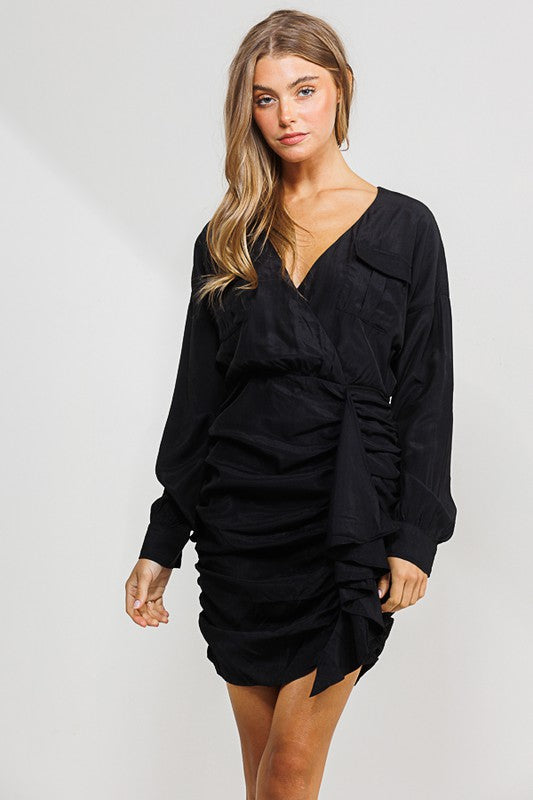 Tencel Deep V Neck Ruched Dress with Ruffle - RARA Boutique 