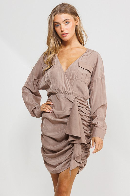 Tencel Deep V Neck Ruched Dress with Ruffle - RARA Boutique 