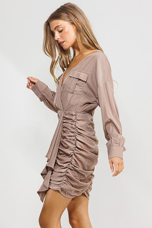 Tencel Deep V Neck Ruched Dress with Ruffle - RARA Boutique 