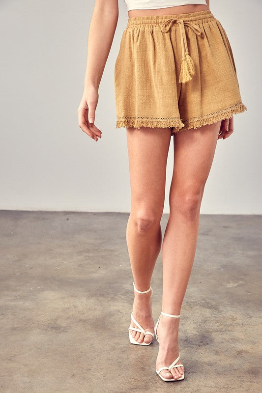 Fringe Trim Hem Shorts - RARA Boutique 